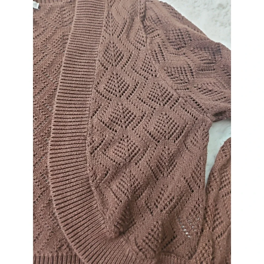 Worthington Cropped Cardigan Sweater XL Brown Open Front Pointelle Knit Cotton